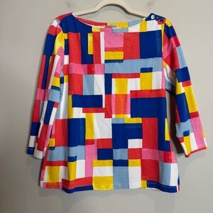 J McLaughlin Wavesong Tee Blue Geometric Large Preppy Catalina Cloth Boat Neck